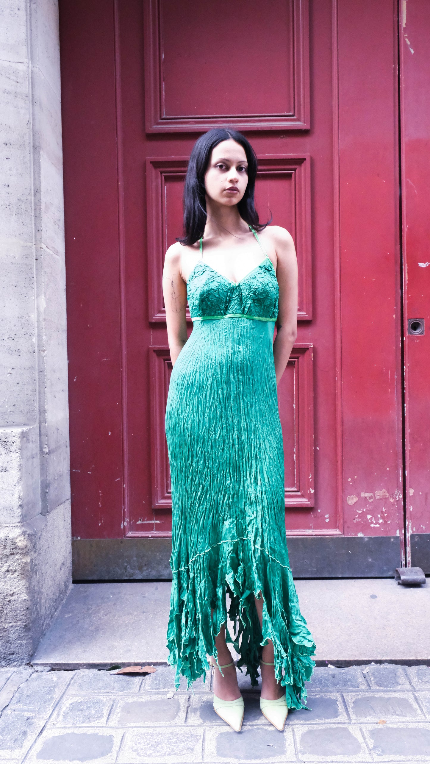 Jorge Terra Green Silk Long Dress