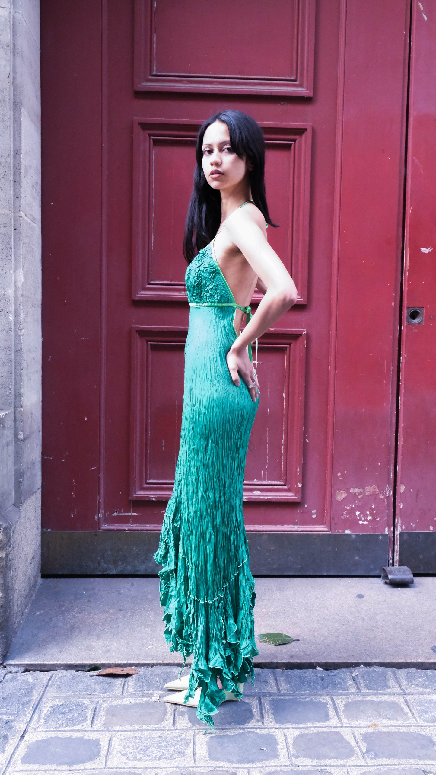 Jorge Terra Green Silk Long Dress